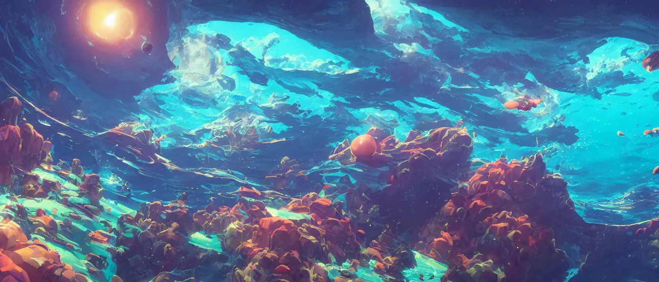 Image similar to underwater space station on a colorful ocean, unreal engine, fantasy art by greg, loish, rhads, ferdinand knab, makoto shinkai, lois van baarle, ilya kuvshinov, rossdraws, tom bagshaw, global illumination, radiant light, highly detailed intricate environment, isometric, onstudio ghibli, octane render, 8 k