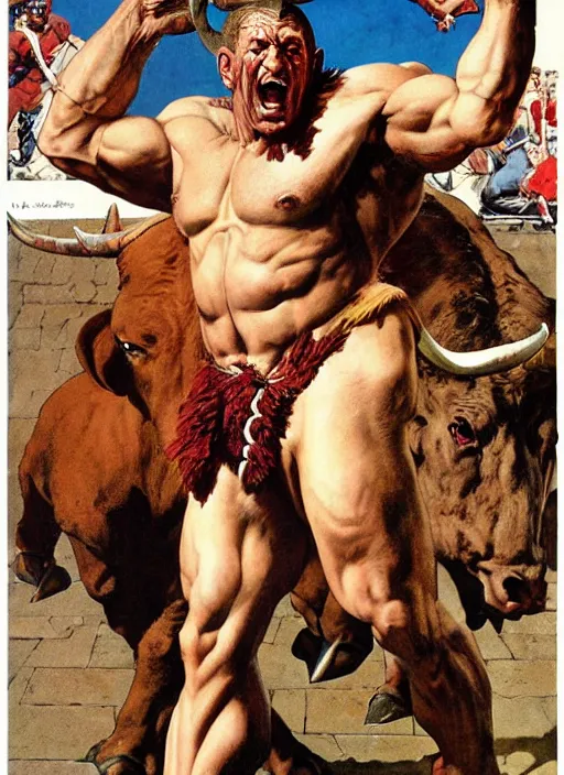 Image similar to full body portrait of dorian yates with the head of a bull as the greek minotaur, dynamic action, by norman rockwell and jesper ejsing and tom lovell and frank schoonover