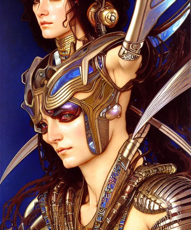 Prompt: realistic detailed face portrait of a beautiful futuristic egyptian warrior godess bast in alien cyberpunk armor by alphonse mucha, ayami kojima, amano, greg hildebrandt, and mark brooks, female, feminine, art nouveau, cyberpunk, stargate, neo - gothic, gothic, character concept design