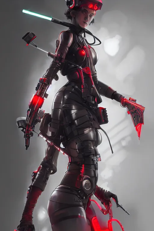 Prompt: covid - 1 9 nurse holding a syringe, wearing cyberpunk nurse armor, black and white and red, by tom bagshaw and alphonse mucha and atey ghailan and artgerm and and greg rutkowski, hyper realistic, octane render, trending on artstation