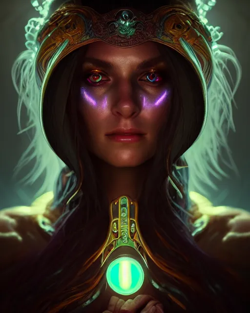 Image similar to epic fantasy render portrait of a beautiful bioluminescent woman with glowing eyes, dark retrowave, highly detailed, digital painting, cinematic, hyperrealism, rpg portrait, dynamic lighting, art by stefan kostic and magali villeneuve and alphonse mucha, artstation, octane render, cgsociety