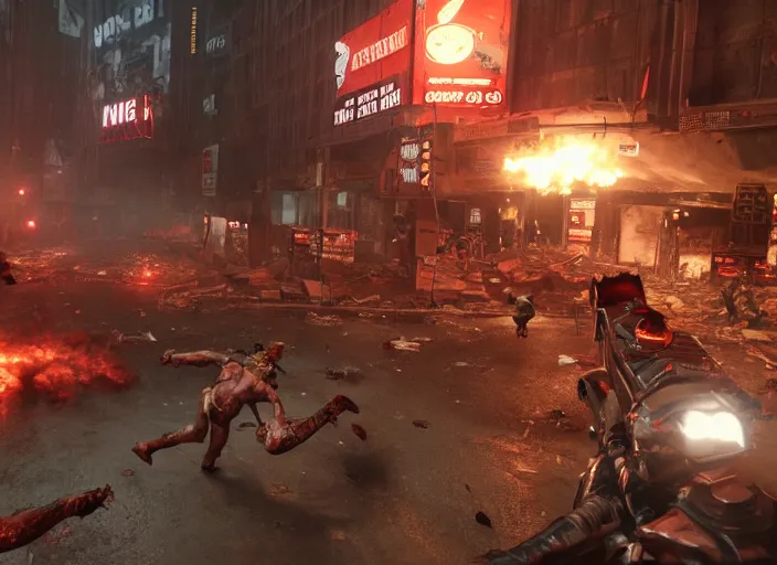 Prompt: duke nukem battling his way through a destroyed new york, a hord of pigmen are chasing, during the night, rain, street fires, pigsoldiers, rendered in cryengine, volumetric lighting, rtx on