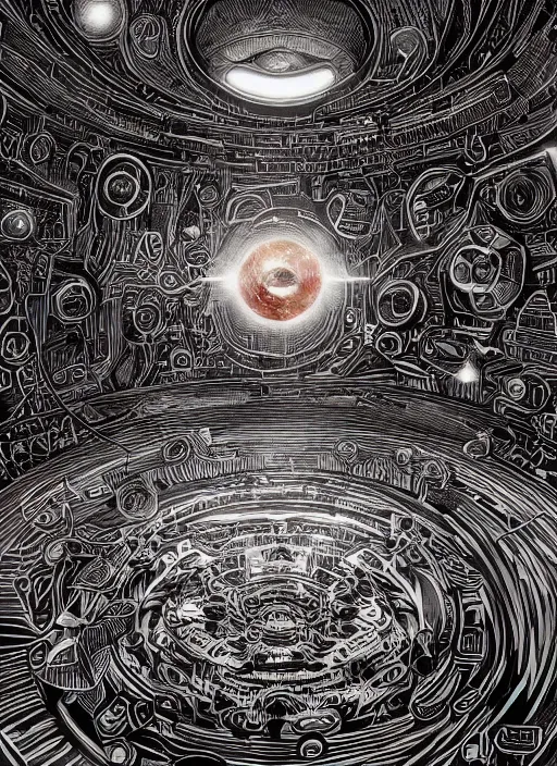 Prompt: interior of a black hole at the center of the universe, an ultrafine detailed illustration by james jean, intricate linework, bright colors, final fantasy, behance contest winner, vanitas, angular, altermodern, unreal engine 5 highly rendered, global illumination, radiant light, detailed and intricate environment