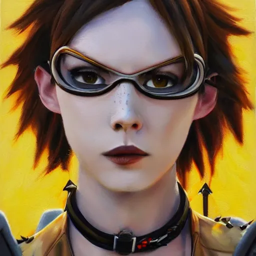 Prompt: oil painting of tracer overwatch in a field wearing spiked collar around neck, in style of martine johanna, expressive face, wearing choker with spikes, steel collar, detailed face, detailed eyes, full body, feminine face, tracer overwatch,