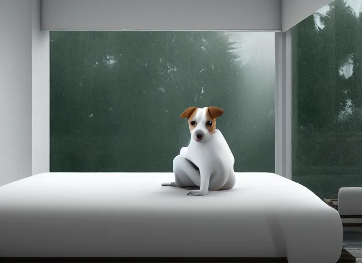 Image similar to photography of a Jack Russel watching outside the window on a bed in a 3d rendered white room, octane render, 3d, foggy, volumetric light, volumetric fog, photorealistic, unreal engine 5, award winning photo, 100mm, sharp, cloth, high res