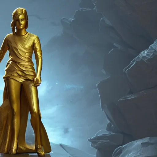 Image similar to portrait of emma watson gold statue reflect chrome, 8 k uhd, unreal engine, octane render in the artstyle of finnian macmanus, john park and greg rutkowski