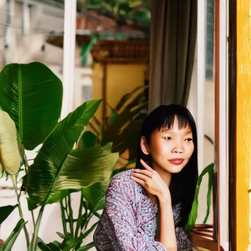 Prompt: a thin, pretty young Filipino woman sits near the window of a cute seaside Cafe with an espresso, golden morning light, cozy, tropical plants, still from Spirited Away