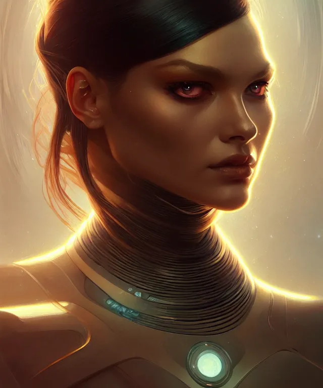 Image similar to futuristic woman android portrait, sci-fi, amber eyes, face, long hair, fantasy, intricate, elegant, highly detailed, digital painting, artstation, concept art, smooth, sharp focus, illustration, art by artgerm and greg rutkowski and alphonse mucha