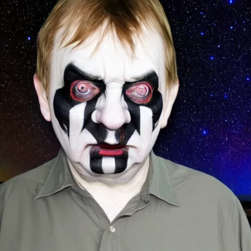 Image similar to mark e smith in juggalo makeup, gorgeous landscape background with the milky way in the sky