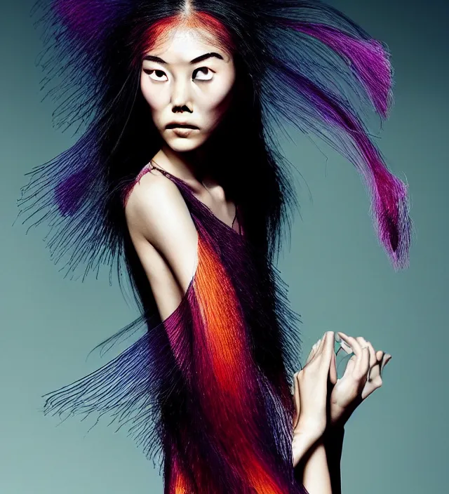 Image similar to photography american portrait of liu wen. great hair style, natural pose, natural lighing, rim lighting, wearing stunning cloth by iris _ van _ herpen, with a colorfull makeup. highly detailed, skin grain detail, film _ noir style lighting, photography by paolo roversi