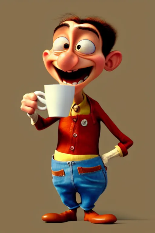 Image similar to portrait of the crazy dentist holding a cup of coffee, full body. pixar disney 4 k 3 d render funny animation movie oscar winning trending on artstation and behance. ratatouille style.