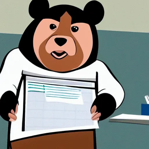 Prompt: bored bear at office, head leaning on paw with elbow on table, piles of paperwork, disney animation style