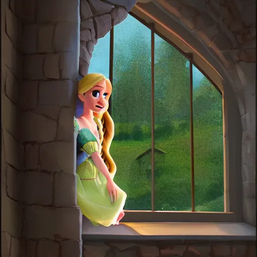Image similar to rapunzel sadly looking out tower window, artstation, pixar.