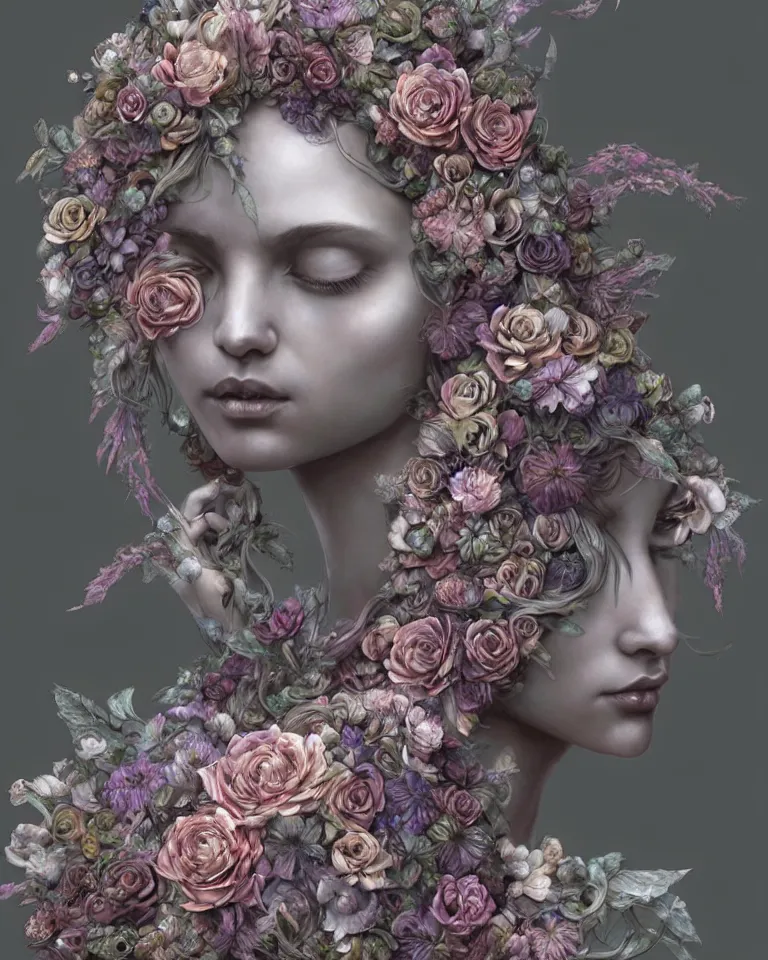 Prompt: a sculpture of interlaced gorgeous etherial females, made of mist, made of flowers, a digital painting by Andrew Ferez, Charlie Bowater, Marco Mazzoni, Seb McKinnon, Ryohei Hase, trending on cgsociety, featured on zbrush central, new sculpture, mystical