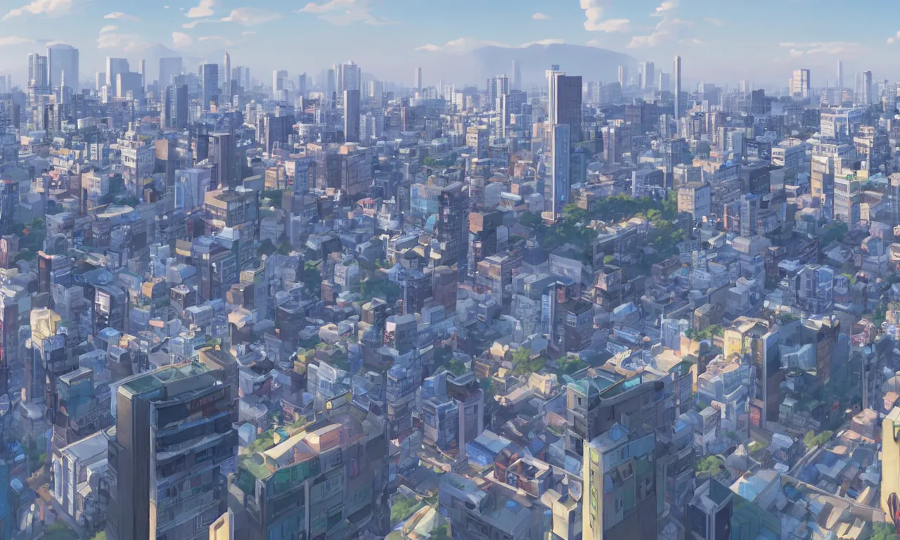Image similar to A screenshot of a city view of seoul in the scene in the Makoto Shinkai anime film Kimi no na wa, pretty rim highlights and specular
