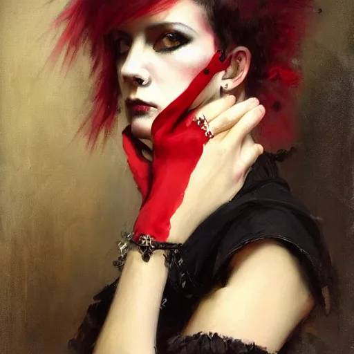 Prompt: Solomon Joseph Solomon and Richard Schmid and Jeremy Lipking victorian genre painting portrait painting of a young beautiful woman punk rock goth with punk rock haircut in fantasy costume, red background
