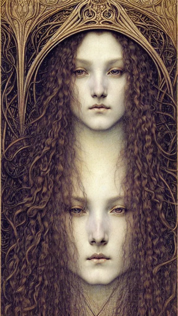 Image similar to detailed realistic beautiful young medieval queen face portrait by jean delville, gustave dore and marco mazzoni, art nouveau, symbolist, visionary, gothic, pre - raphaelite. horizontal symmetry