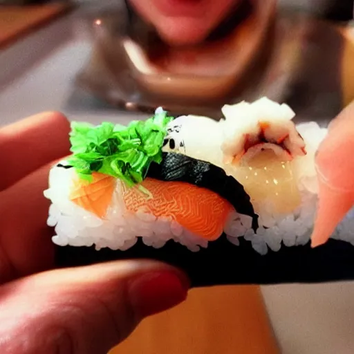 Prompt: a sushi with emilia clarke head inside