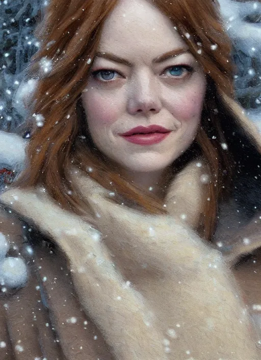 Image similar to emma stone in beige coat, close up, winter new york, snow, artwork by gaston bussiere, craig mullins, trending on artstation