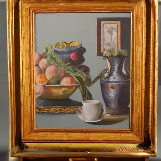 Image similar to a nature morte painting in a gaudy frame