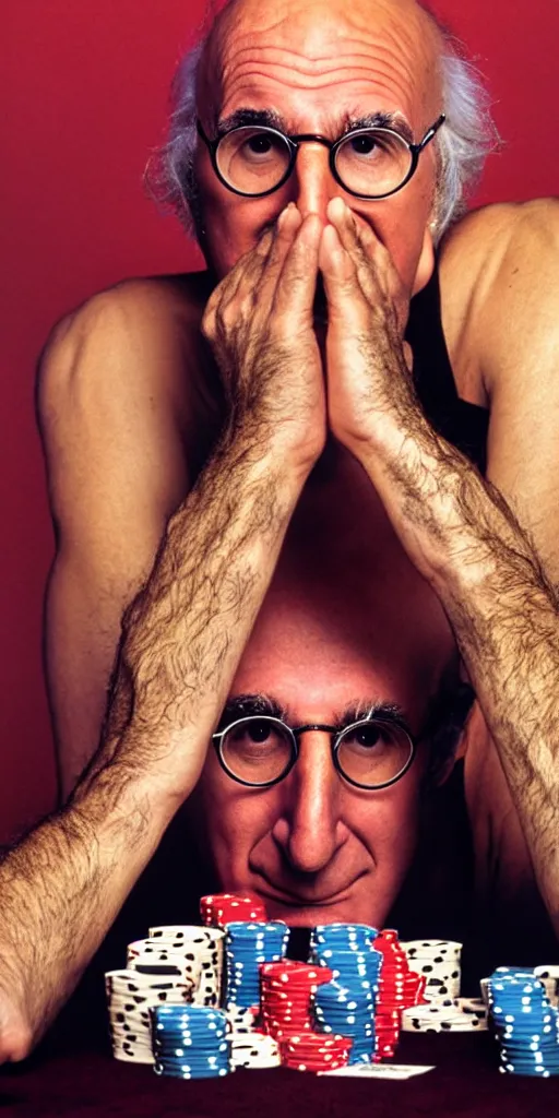 Image similar to award winning photo of larry david playing poker wearing thong, vivid colors, happy, symmetrical face, beautiful eyes, studio lighting, wide shot art by Sally Mann & Arnold Newman