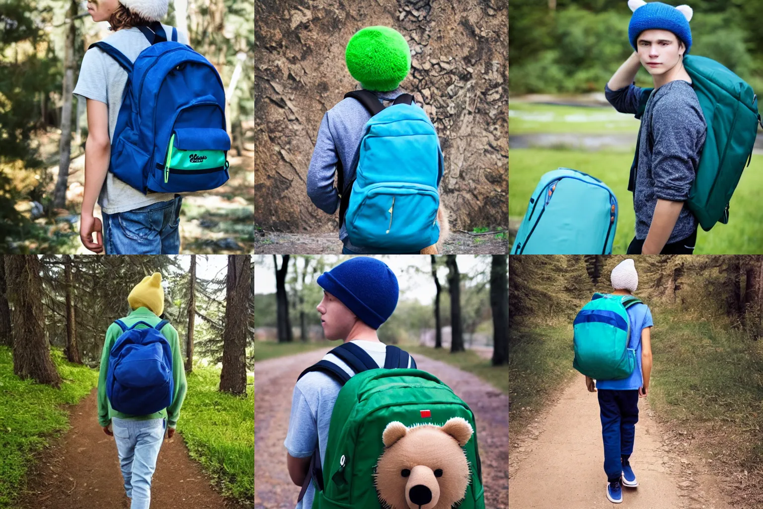 Prompt: a teenage boy with soft features wearing a bear hat that covers his blond hair. A blue shirt. Green backpack. Ready to go on an adventure