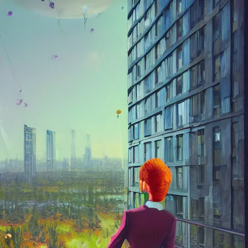 Image similar to huge flower as head, woman in suit standing by tall windows, modernist luxury apartment, surreal photography, sunlight, impressionist painting, digital painting, artstation, simon stalenhag