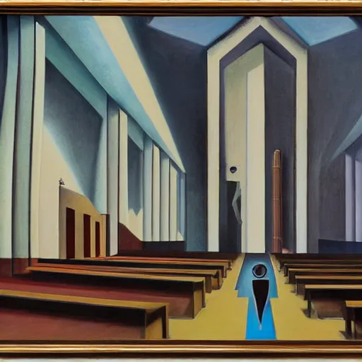 Image similar to drab human workers building robots, watched by evil fascist overlords, brutalist factory chapel, dystopian, pj crook, edward hopper, oil on canvas