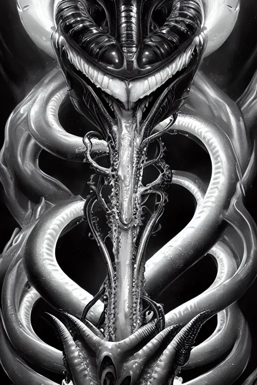 Image similar to black and white, underwater xenomorph alien mixed with sharks extra teeth, tentacles, highly detailed, digital painting, artstation, concept art, smooth, sharp focus, illustration, unreal engine 5, 8 k, art by carlos huante and greg rutkowski and alphonse mucha and ifbb pro fitness photograph