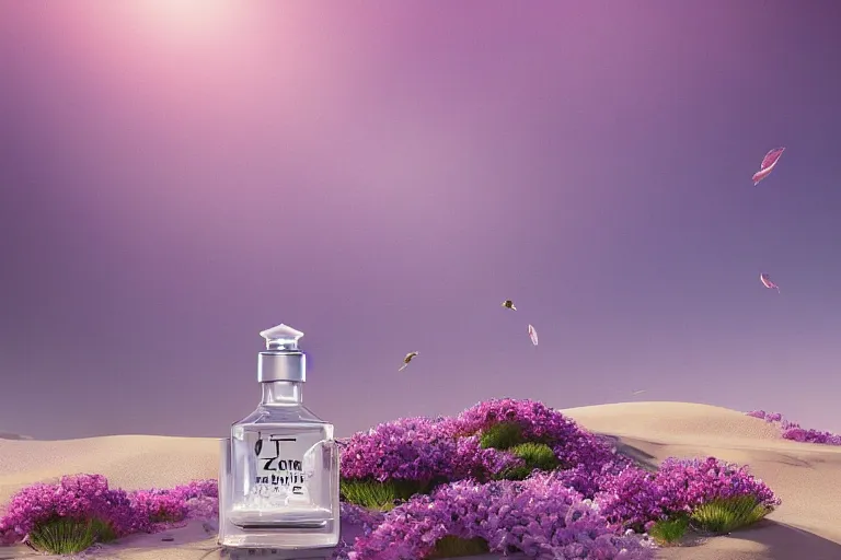 Prompt: perfume bottle buried flowers at a blurred background zen oasis hotspring by peter tarka in the middle of a desert with little flowers, soft lilac skies, silky smooth, dramatic, mid day, sand dune background, large scale, wind - swept, lots of detail, realistic lighting, octane render, by wlop, artgerm, trending on artstation