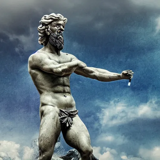 Prompt: statue of frustrated Poseidon, God of the sea, very annoyed and complaining with wild gestures to the camera, bokeh, digital art, matte painting