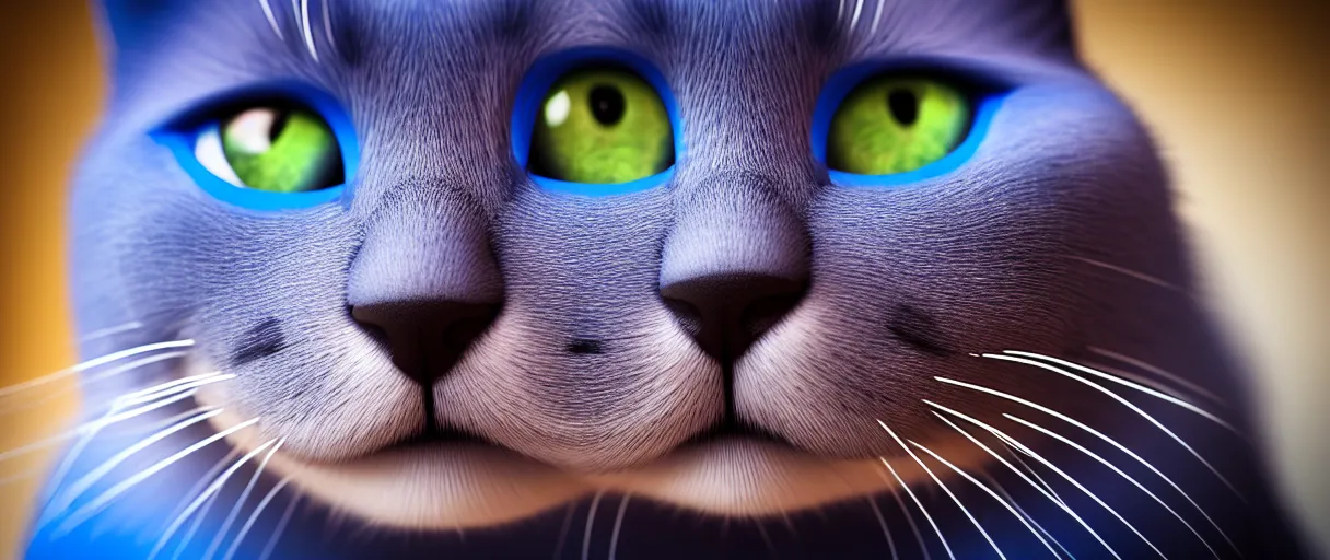Image similar to hyperrealistic high quality photo close-up of a sad cute blue cat with round puppy eyes sharp cinematic lighting 8k low angle shallow depth of field