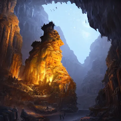 Prompt: a huge cave with a town in it, the town is carved into the stone, every building in the town has lights on, the mood is friendly and welcoming, digital art, award winning on Artstation, hyper detailed, high contrast