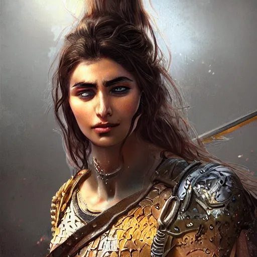 Image similar to kurdish warrior, highly detailed, digital painting, artstation, concept art, sharp focus, illustration, incredibly beautiful and strong