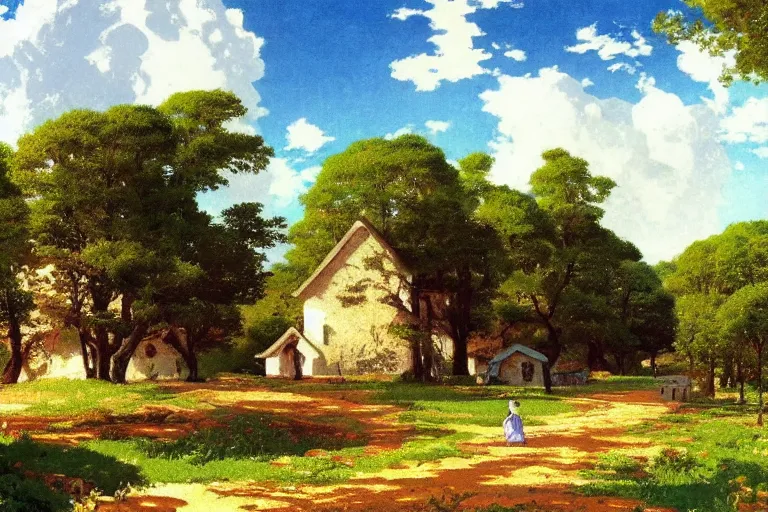 Image similar to a beautiful landscape of a tiny futuristic village in the french countryside during spring season, painting by studio ghibli hd and albert bierstadt hd, nice spring afternoon lighting, smooth tiny details, soft and clear shadows, low contrast, perfect