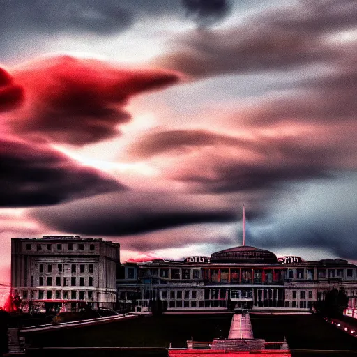 Image similar to dystopian, gloomy, destroyed washington dc, dark blue smoke, red clouds, ominous sunset, detailed, award winning, masterpiece, photograph, cinematic, hyperrealism