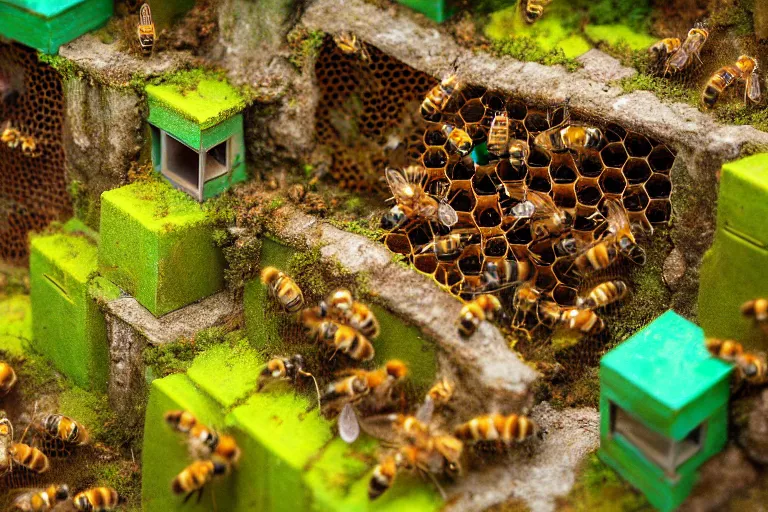 Prompt: elegance, favela garden honeybee hive, slime mold forest environment, industrial factory, cheerful, award winning art, epic dreamlike fantasy landscape, ultra realistic,