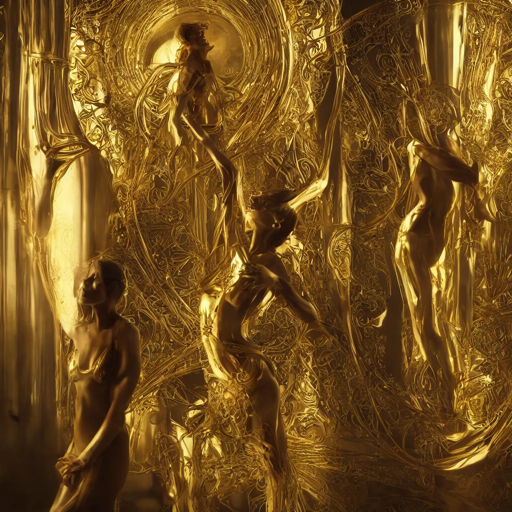 Image similar to human body shining thin golden Art Nouveau curs from inside, cinematic realistic photo, octane render