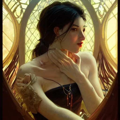 Image similar to portrait of a vampire by Stanley Artgerm Lau , greg rutkowski, thomas kindkade, alphonse mucha, loish, norman rockwell. Trending on artstation rule of thirds detailed illustration hd 4k