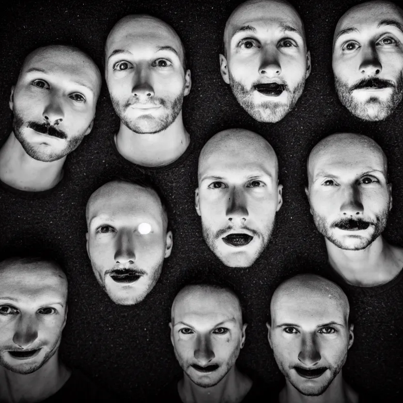 Image similar to 4 men's faces being illuminated from above, dark room, cross composition