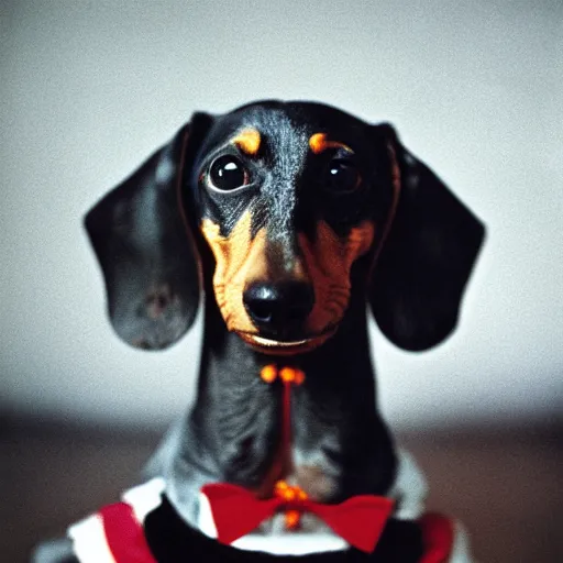 Image similar to Portrait of a dachshund wearing clown makeup, Leica m6, 85mm, fine-art photography, f/1.8, by Steve McCurry