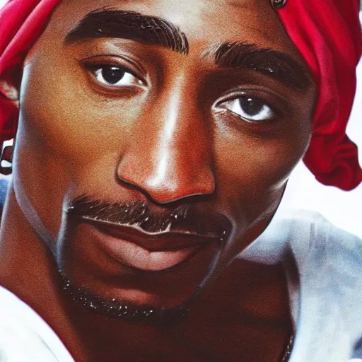 Image similar to a medium shot photo of tupac shakur extremely happy to have a pistol in his hand,8k, DSLR, highly detailed skin, highly detailed hands