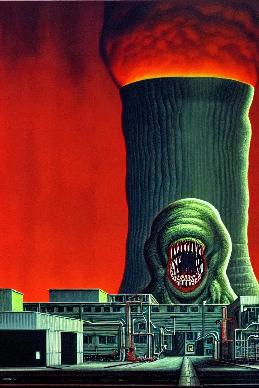 Prompt: a hyperrealistic detailed painting of a code red emergency at the nuclear power plant, radioactive chimeric radiation monster eating the laboratory, action horror by chris cunningham and richard corben, highly detailed, vivid color,