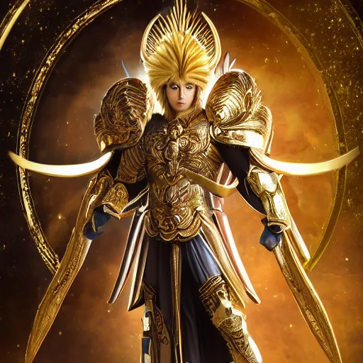 Image similar to A radiant, extreme long shot, photo of a 27-year-old Caucasian male wearing the Capricorn Gold Armor, Beautiful gold Saint, Jaw-Dropping Beauty, gracious, aesthetically pleasing, dramatic eyes, intense stare, immense cosmic aura, from Knights of the Zodiac Saint Seiya, inside the Old Temple of Athena Greece,4k high resolution, Detailed photo, Photoshopped, Award Winning Photo, Deep depth of field, f/22, 35mm, make all elements sharp, at golden hour, Light Academia aesthetic, Socialist realism, by Annie Leibovitz