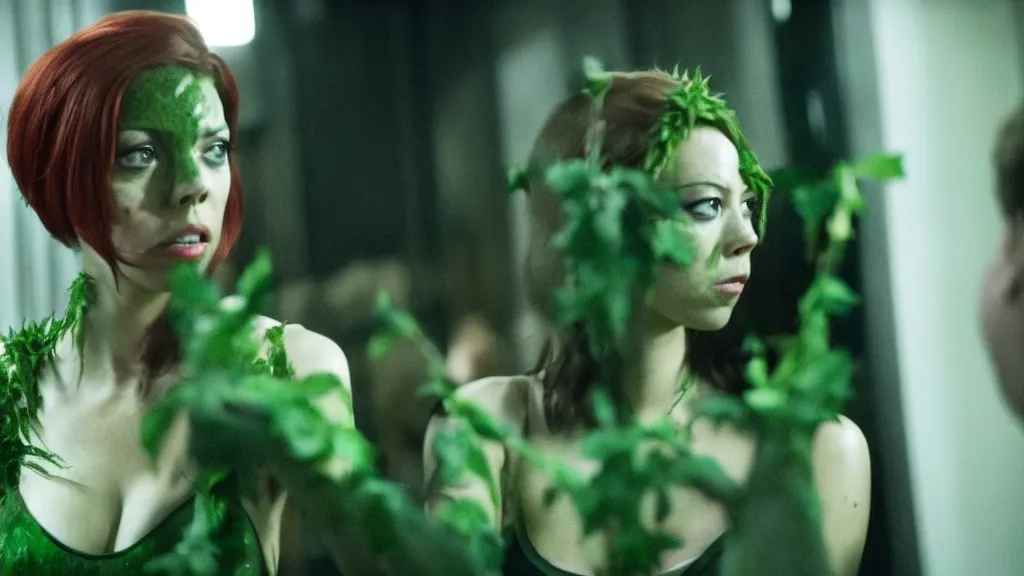 Image similar to Aubrey Plaza as Poison Ivy in The Dark Knight, green skin film still from the movie directed by Denis Villeneuve, wide lens