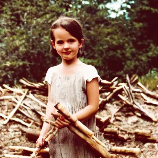 Image similar to a young girl with short brown hair wearing a white dress and holding a bundle of firewood, high resolution film still