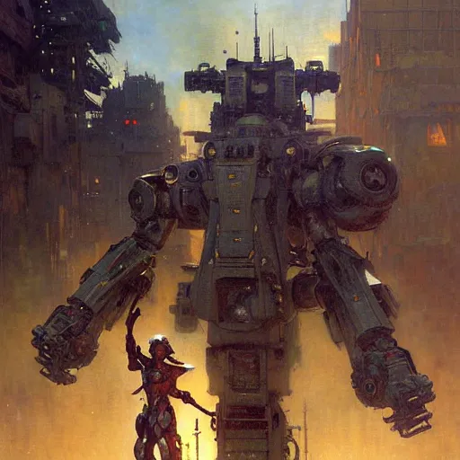 Image similar to six meters tall mech fighting in an urban environment, highly detailed painting by gaston bussiere craig mullins jc leyendecker gustav klimt artgerm greg rutkowski john berkey, bergey, craig mullins, ruan jia, raymond swanland, jeremy mann, tom lovell, alex malveda