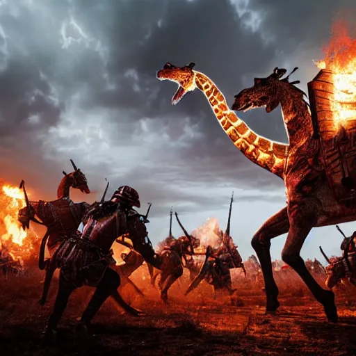 Prompt: a giant fire breathing giraffe wearing intricate battle armor attacking an army of knights, dramatic lighting, highly detailed, photorealistic, cinematic, octane render