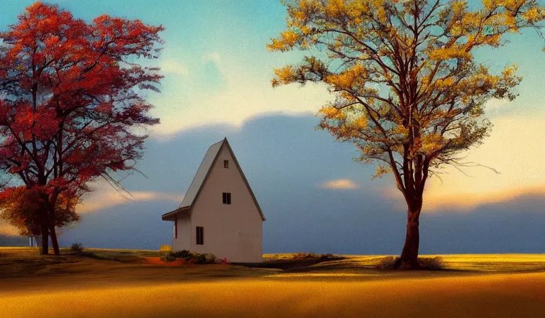 Prompt: A serene landscape with a singular building in the style of technicolor cinemascope