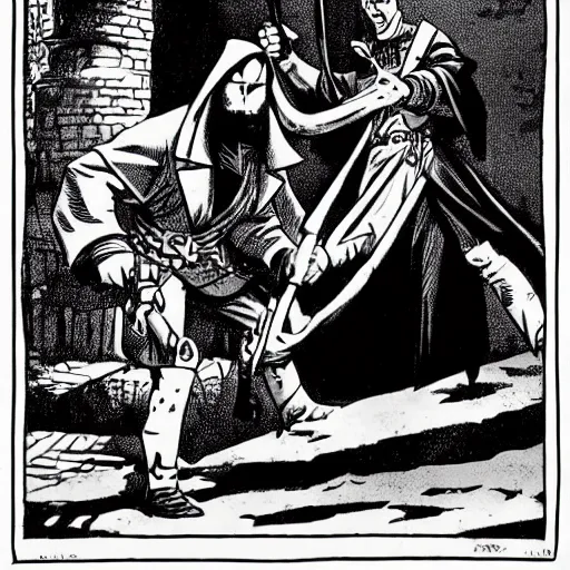 Prompt: A rogue disarming a trap. Religious, Dark Fantasy, Film Noir, Black and White. High Contrast, Mike Mignola, D&D, OSR